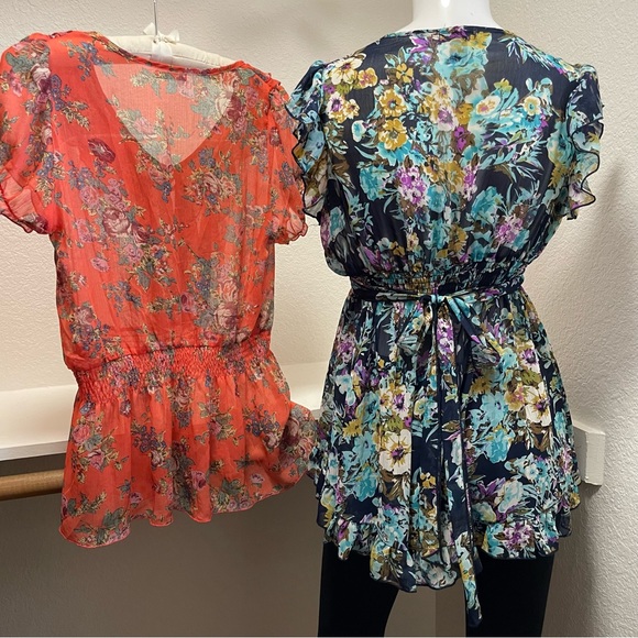 POETRY✌️2 Blouse BUNDLE Lightweight Semi Sheer Coral/Navy Floral Blouses Sz S - Picture 7 of 8